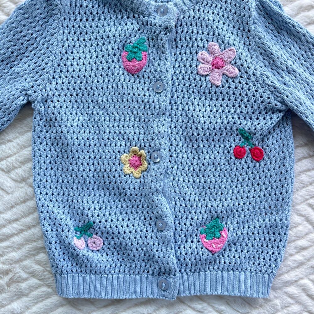 John Lewis & Partners Baby 12-18M Blue Crochet Fruit Floral Cotton Cardigan - Picture 3 of 5